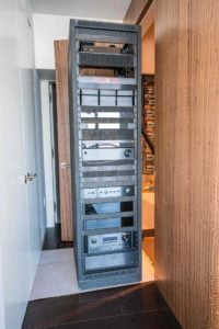 SoundVision network cabinet with various audio and network equipment.