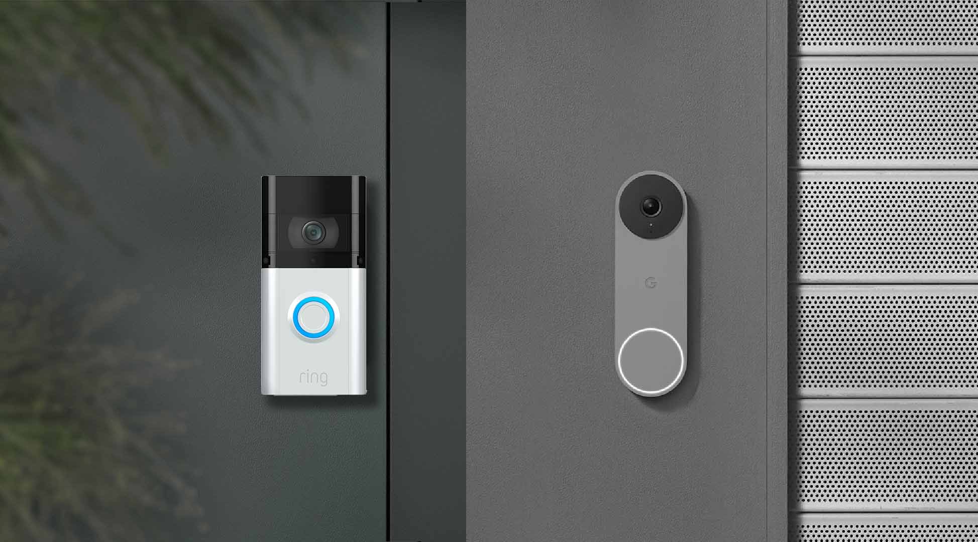 Grey Google Nest and plastic Amazon Ring doorbells mounted on the wall 